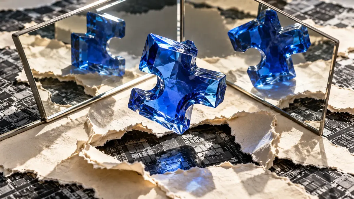 A blue glass puzzle piece reflected in two angled mirrors above torn paper and a black-and-white circuit image.