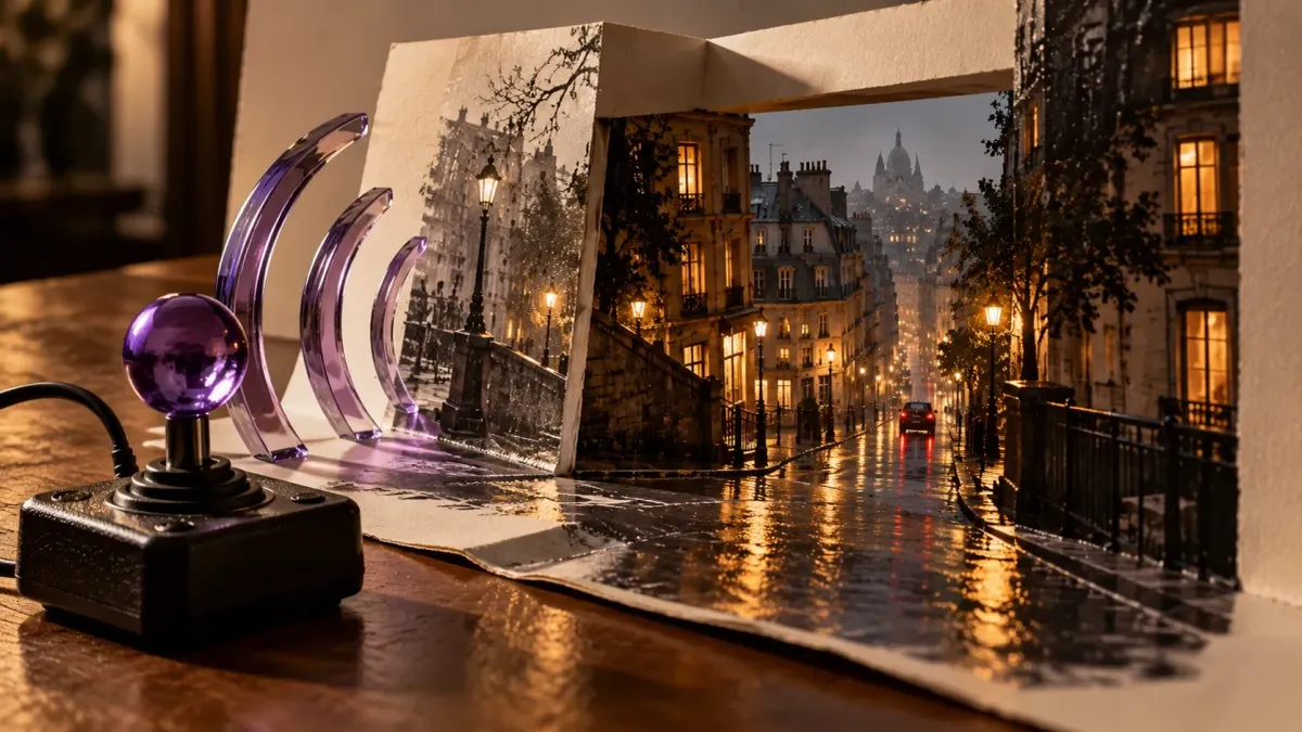 An ivory paper doorway opens into a rainy city beside a violet joystick and curved glass sound waves.
