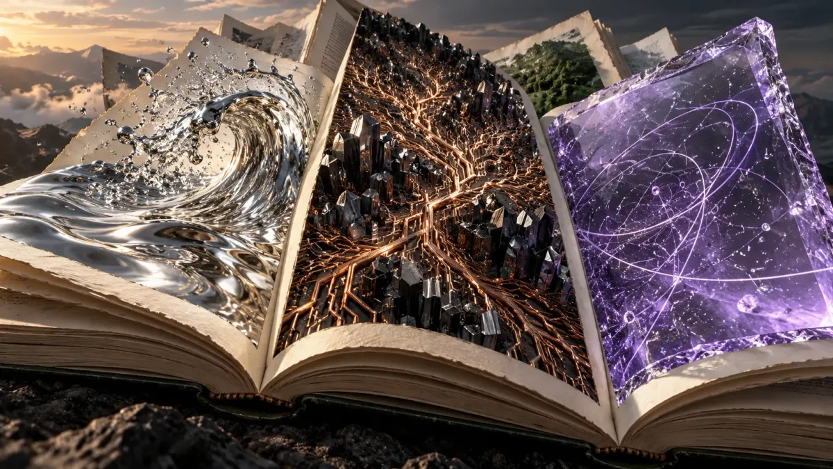 An open book unfolds into a silver wave, branching copper pathways, and a violet glass slab with curved tracks.