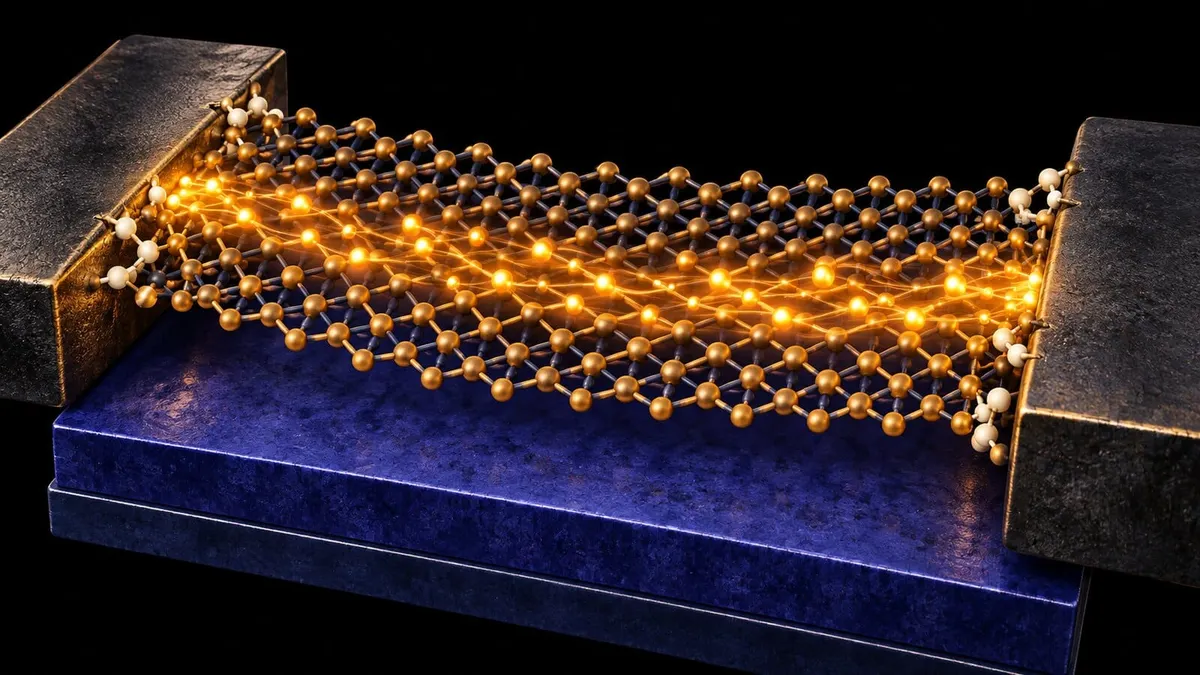 AI illustration of a thin atomic lattice between metal contacts, with glowing charge paths over a blue substrate.