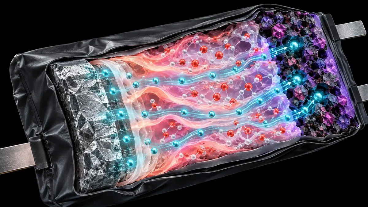 AI illustration of a cutaway zinc pouch battery with a pink hydrogel and blue ions moving between its electrodes.