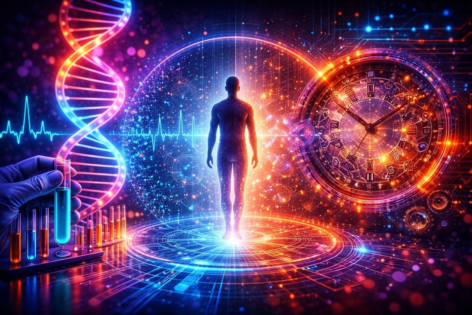 Futuristic biological age testing scene with epigenetic clock, DNA helix, and lab vial