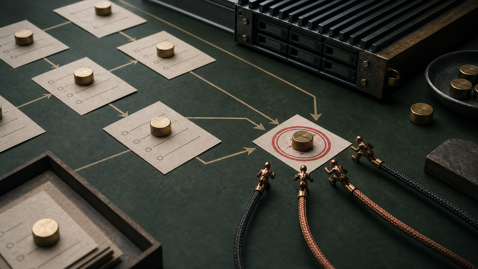 Physical task cards, approval weights, cables, and server hardware converge on one review checkpoint, showing AI agent orchestration.