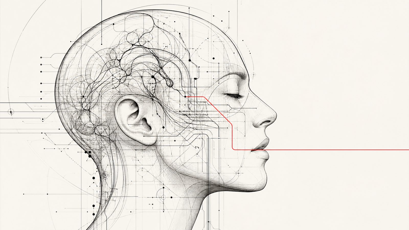 A human profile intersected by a transparent neural speech interface, symbolizing brain-computer interfaces as a new layer between intention and expression