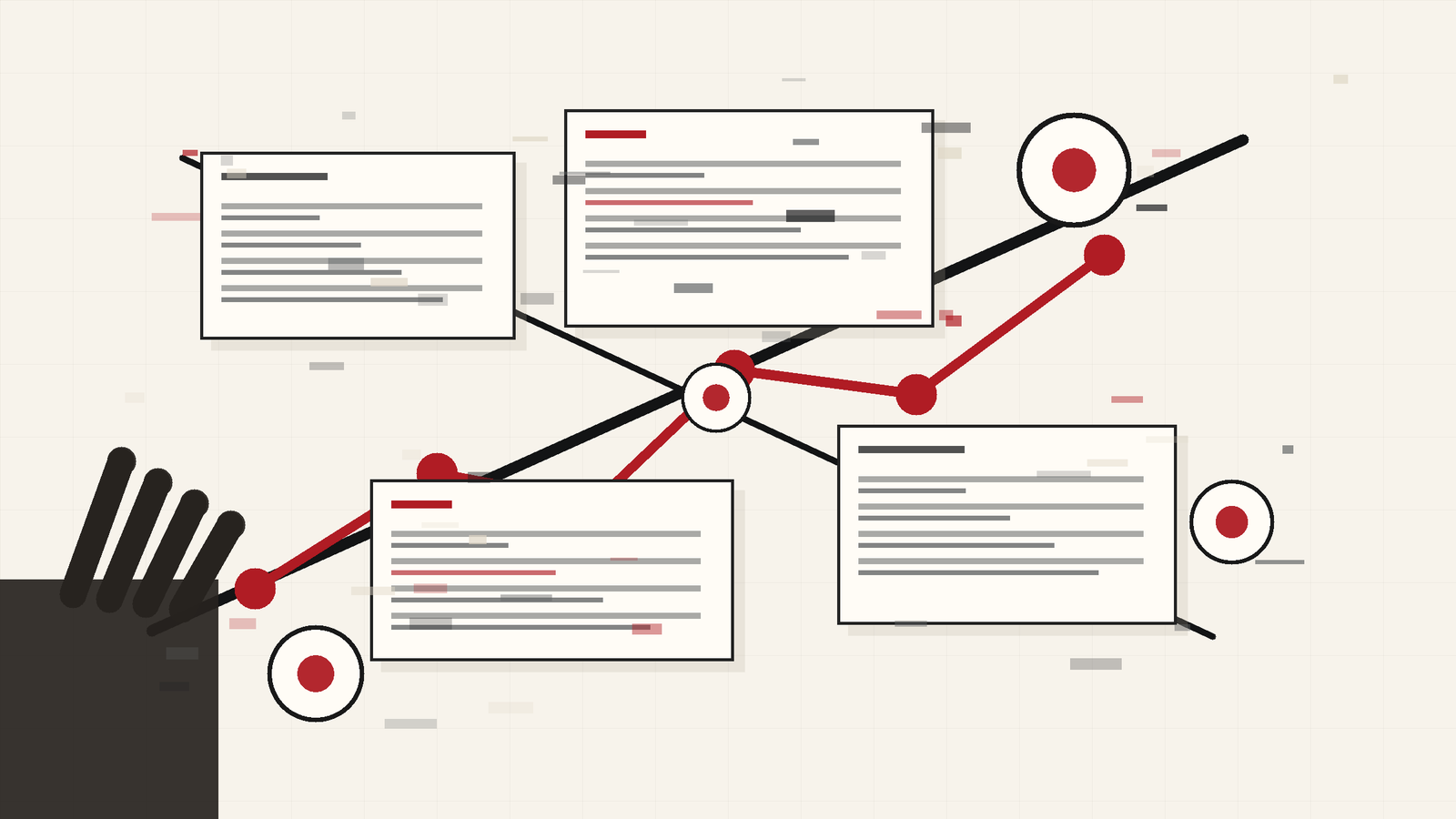Abstract editorial image of a fictional AI finance dashboard with account cards, decision arrows, and a human hand near the interface.