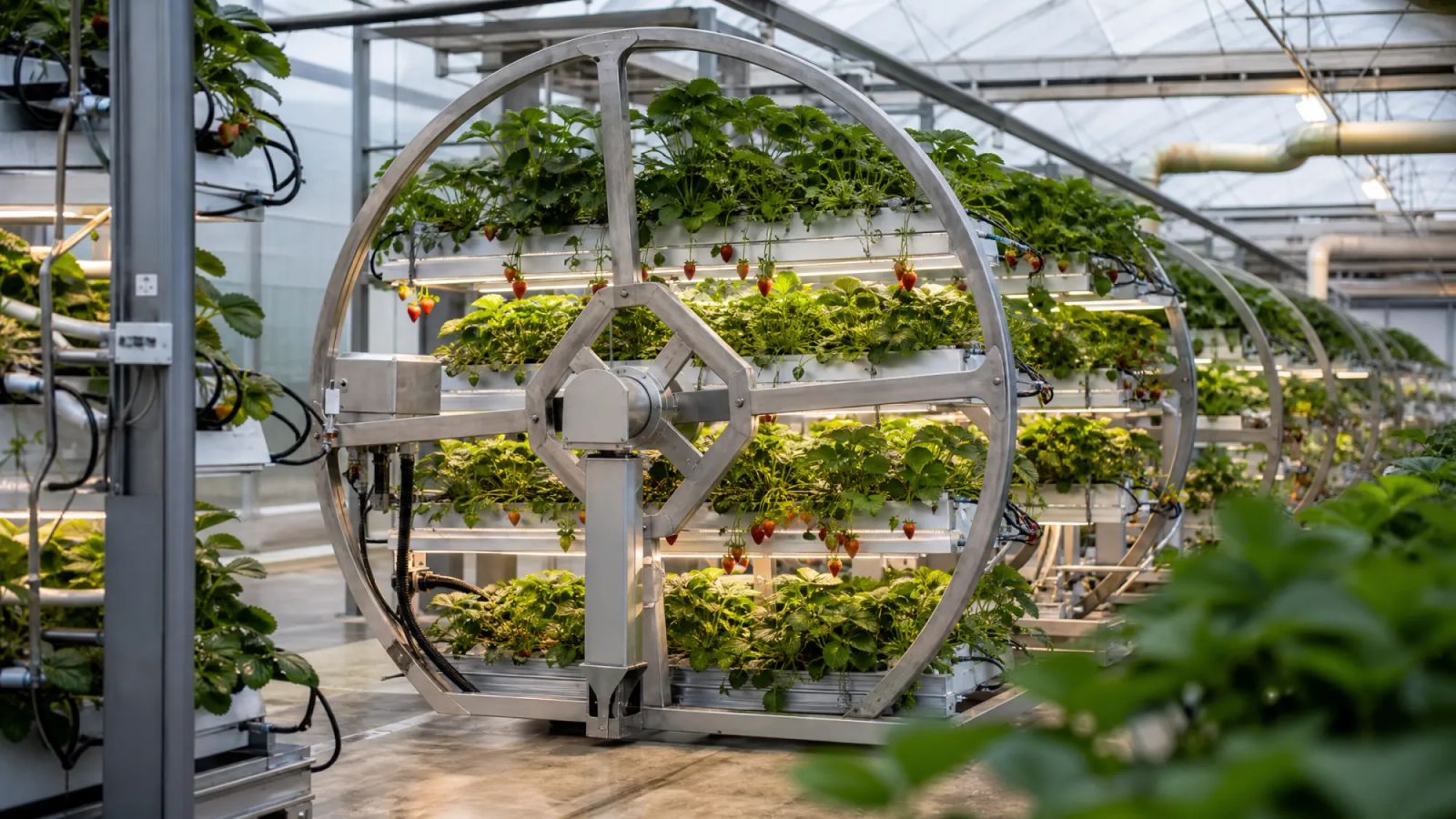A controlled strawberry growing system with rotating plant racks, sensor modules, irrigation lines, and greenhouse energy equipment.