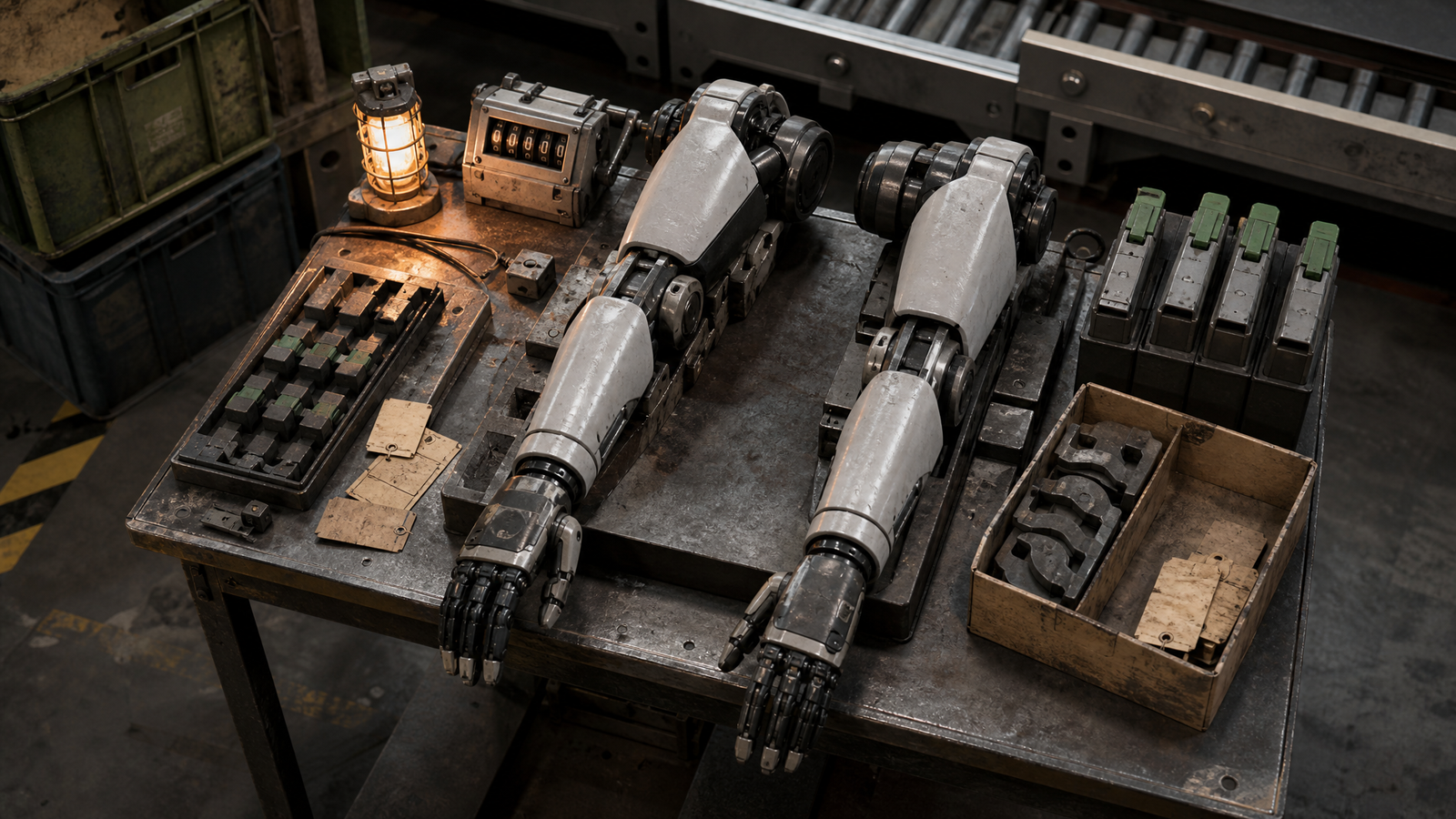 Robotic forearms, battery modules and an uptime counter on a warehouse maintenance bench, showing humanoid robots judged by reliability.