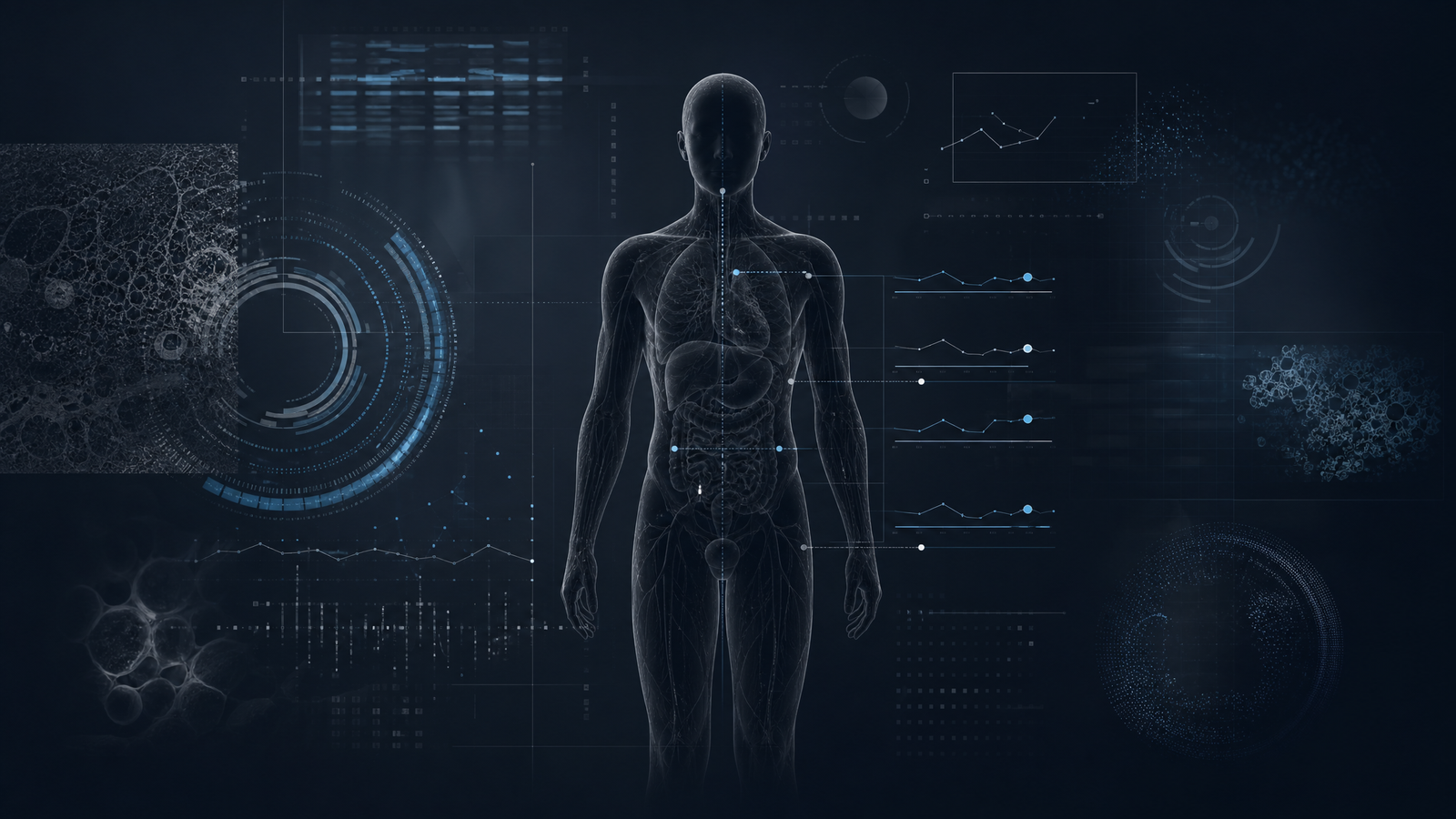 Human silhouette surrounded by biological age dashboards and aging biomarker readouts.