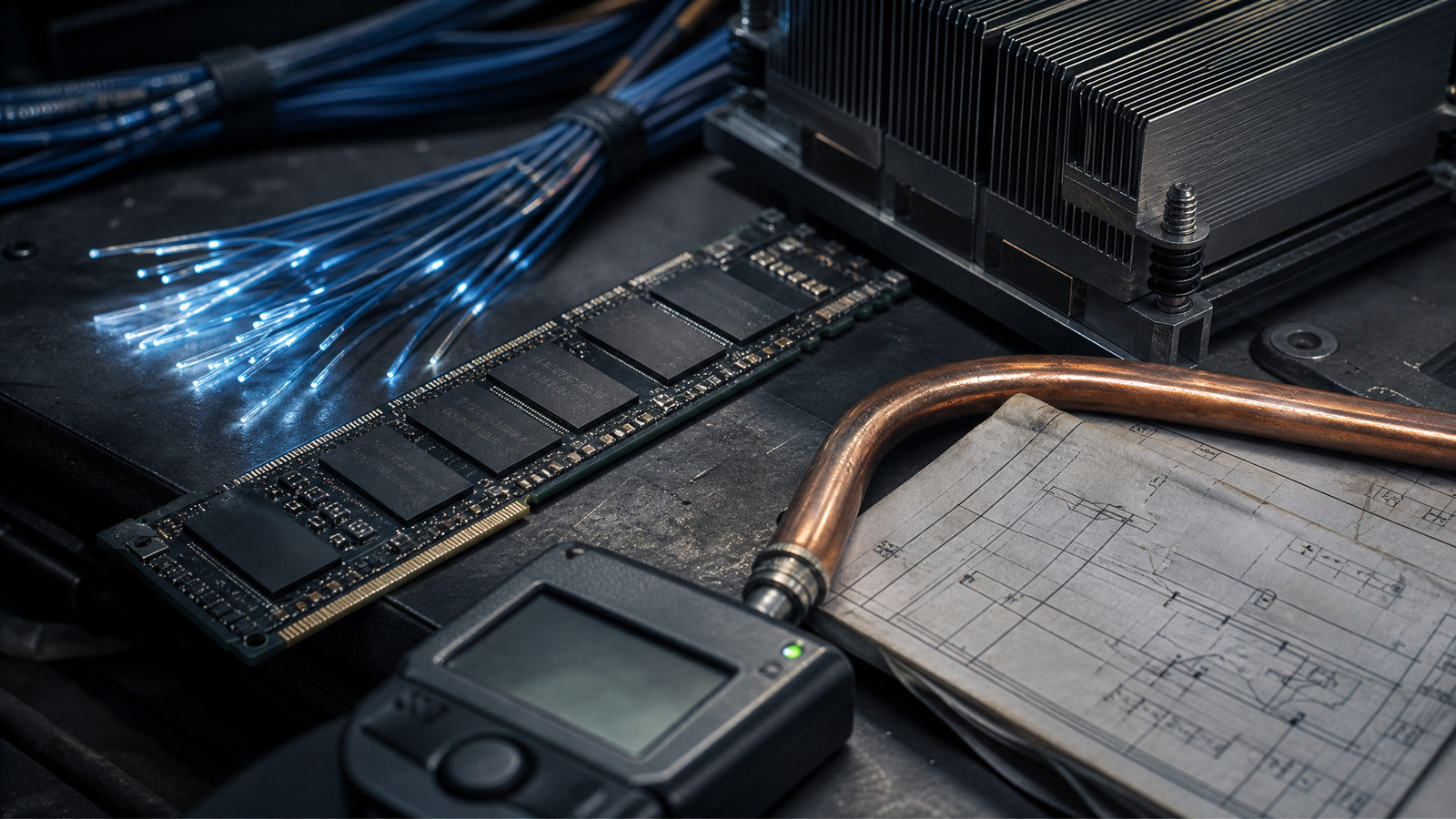AI compute infrastructure shown through memory hardware, fiber cables, cooling equipment, and engineering plans on a dark workbench.