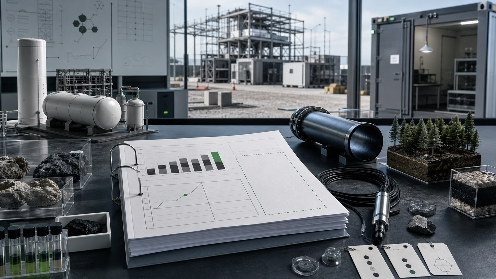 An unfinished carbon removal accounting system beside physical storage models, showing the gap between net-zero promises and verified removals.