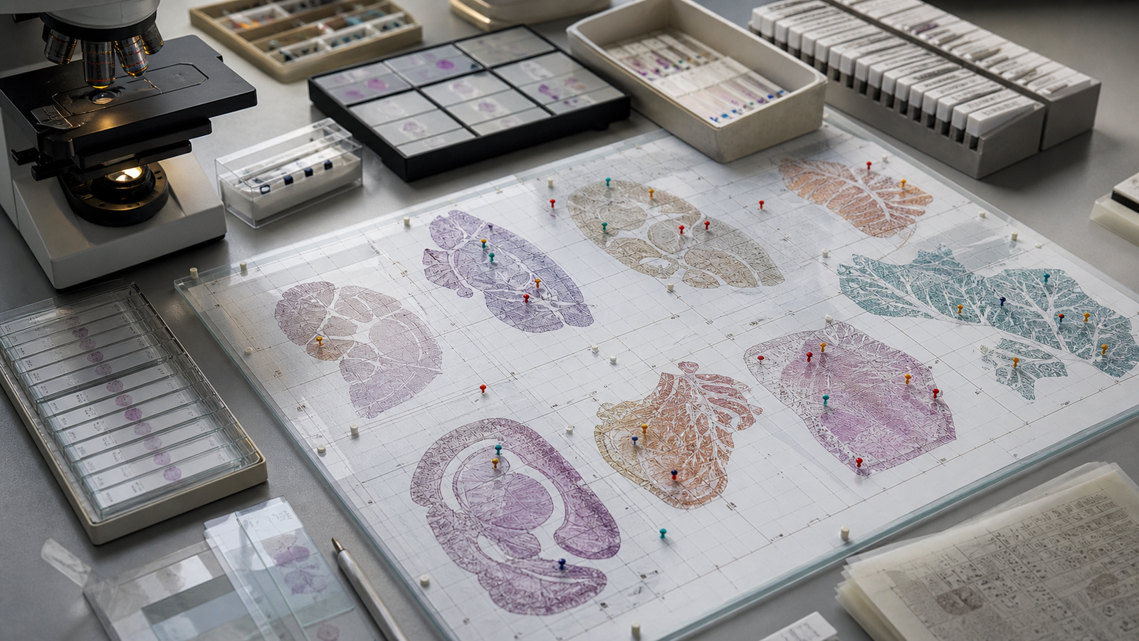 Microscope slides and tissue map tiles pinned on a gridded lab atlas board.