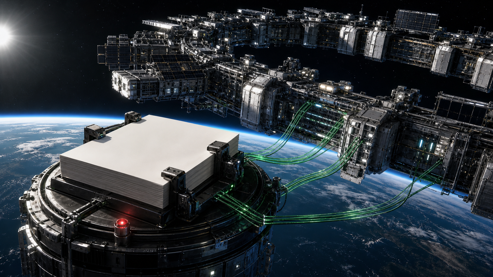 A blank prospectus stack clamped to an orbital platform and tethered to a vast satellite-and-server infrastructure ring above Earth.