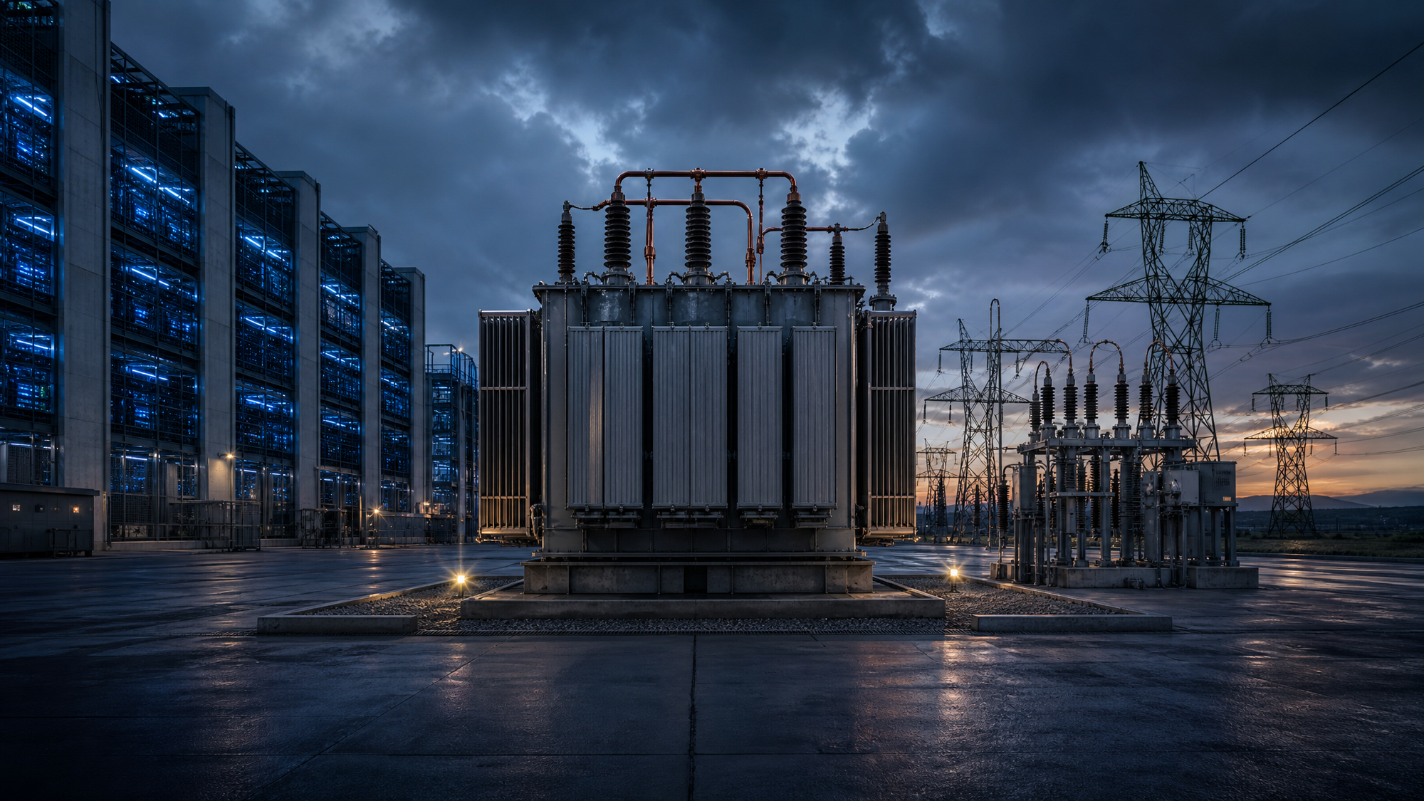 A large electrical transformer between glowing data center racks and high voltage lines, symbolizing AI’s grid hardware bottleneck