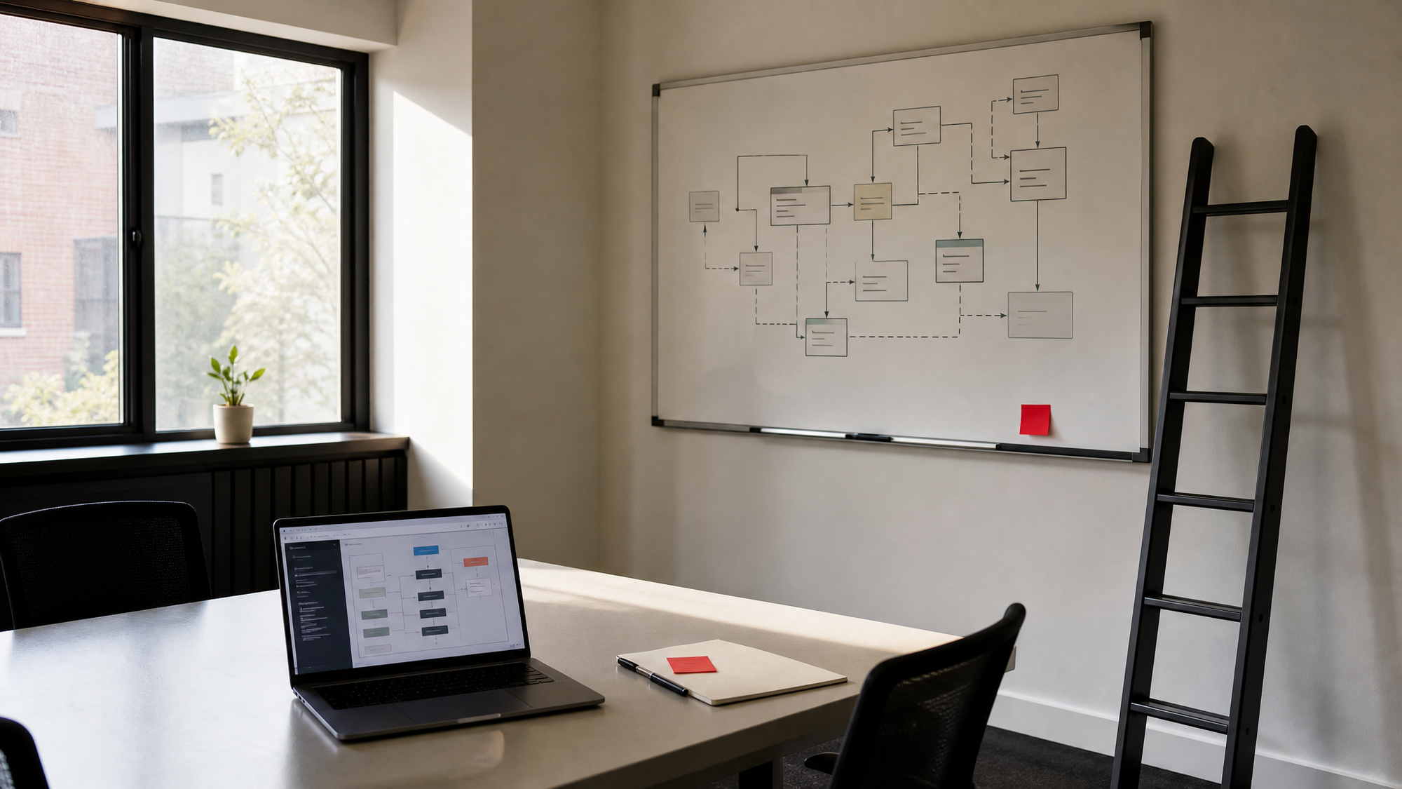 An empty training room with a laptop workflow interface and unused ladder, symbolizing how AI is reorganizing work beyond tool learning