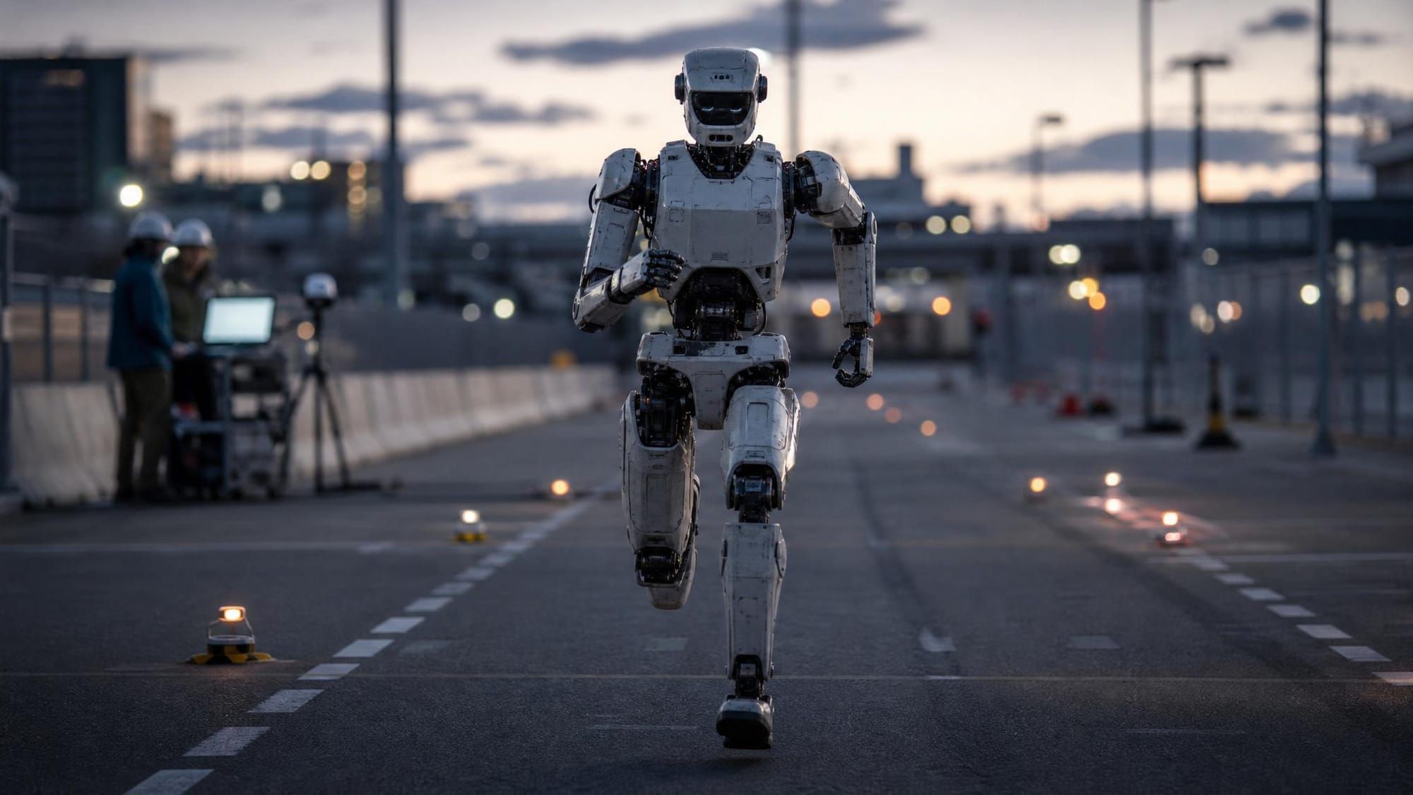 Humanoid robot running on an urban test course at dusk, symbolizing robotics reliability and autonomous deployment.