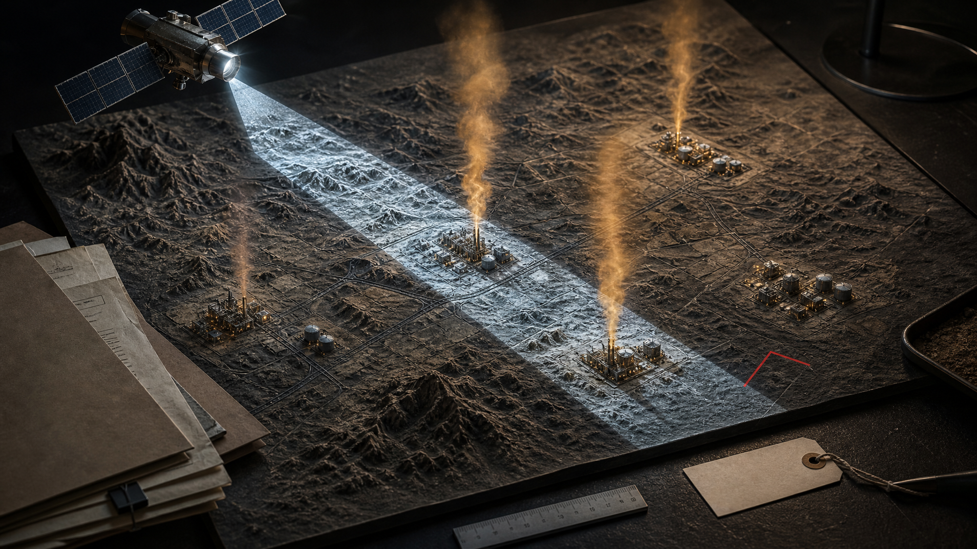 A satellite scan highlights methane plumes rising from an industrial field model, showing emissions becoming measurable evidence.