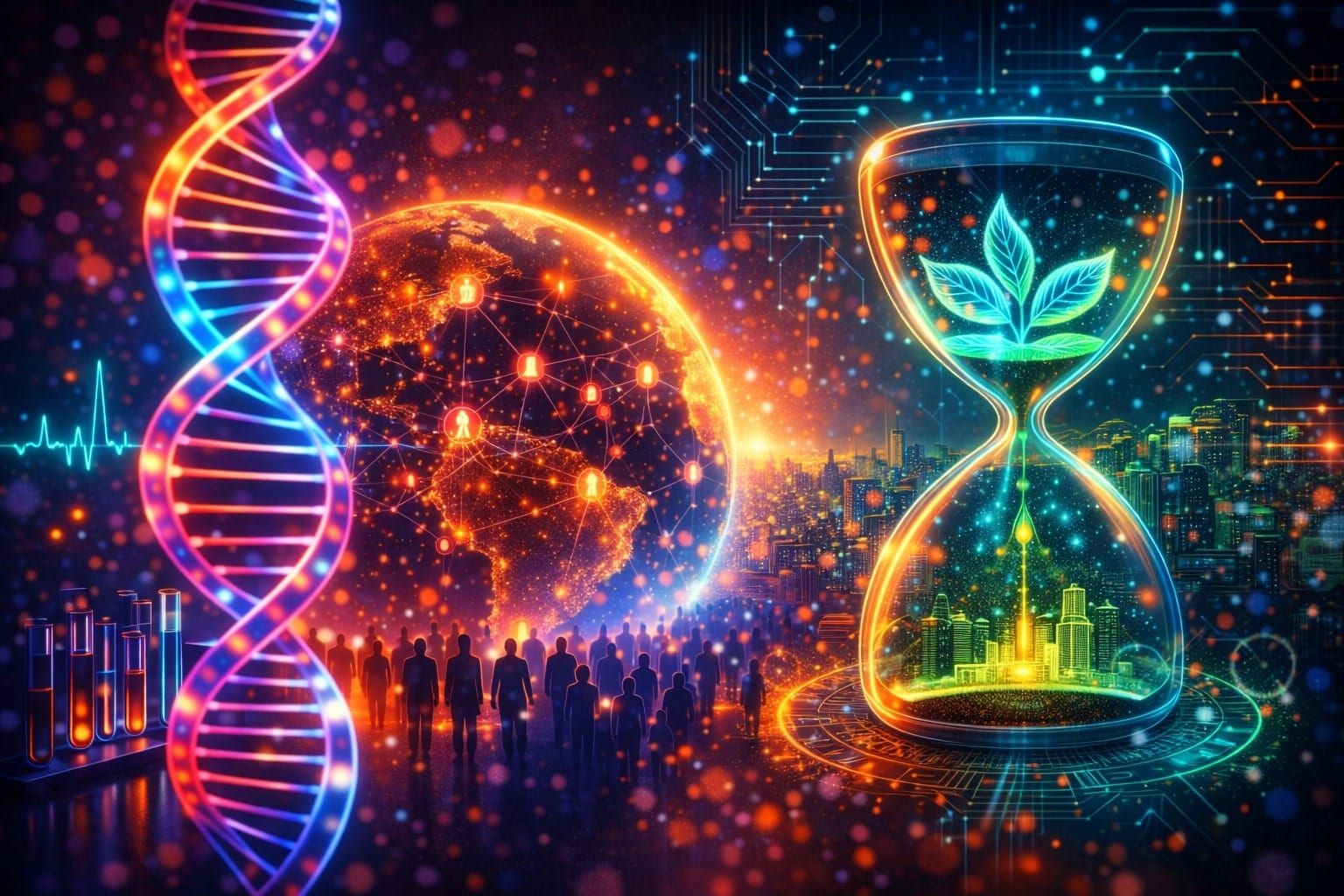 Futuristic overpopulation and longevity concept with connected Earth, crowds, and a green hourglass