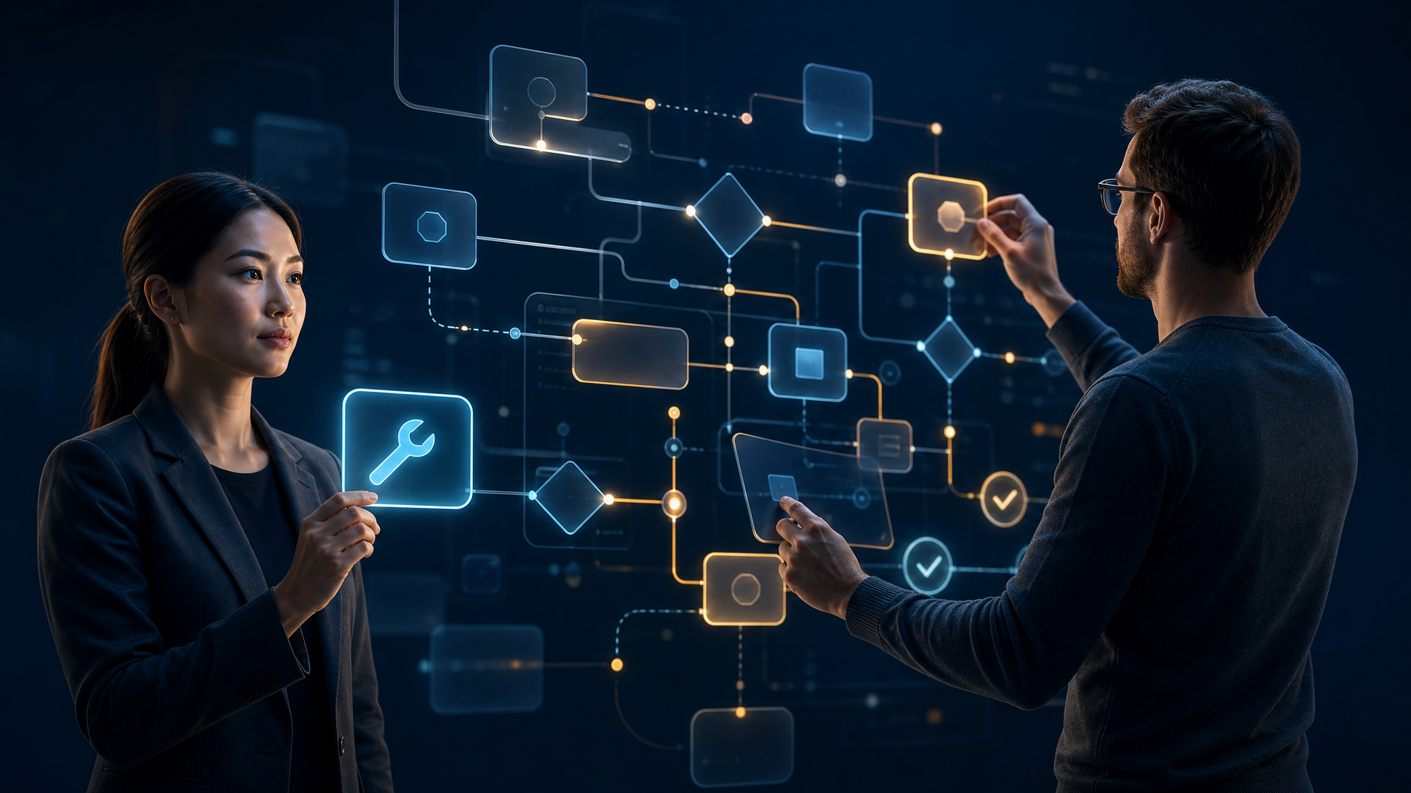 Two workers facing an abstract AI workflow map that separates tool use from work redesign.