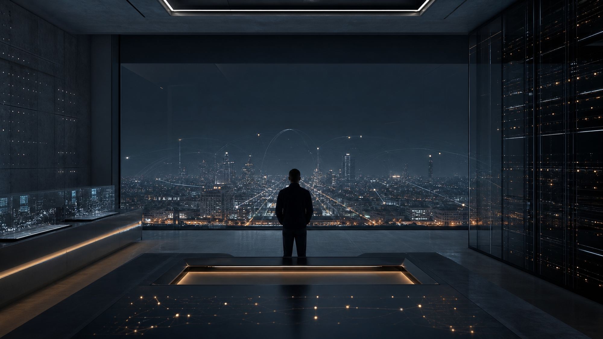 Solitary figure in a dark operations room overlooking a networked city, reflecting persistent AI agents, memory, and accountability in 2026
