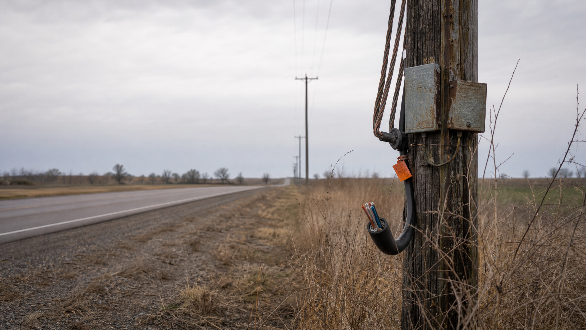 A rural telephone pole with old copper lines, repair tags, and a fiber conduit stopping short nearby, showing legacy network costs during a technology transition.