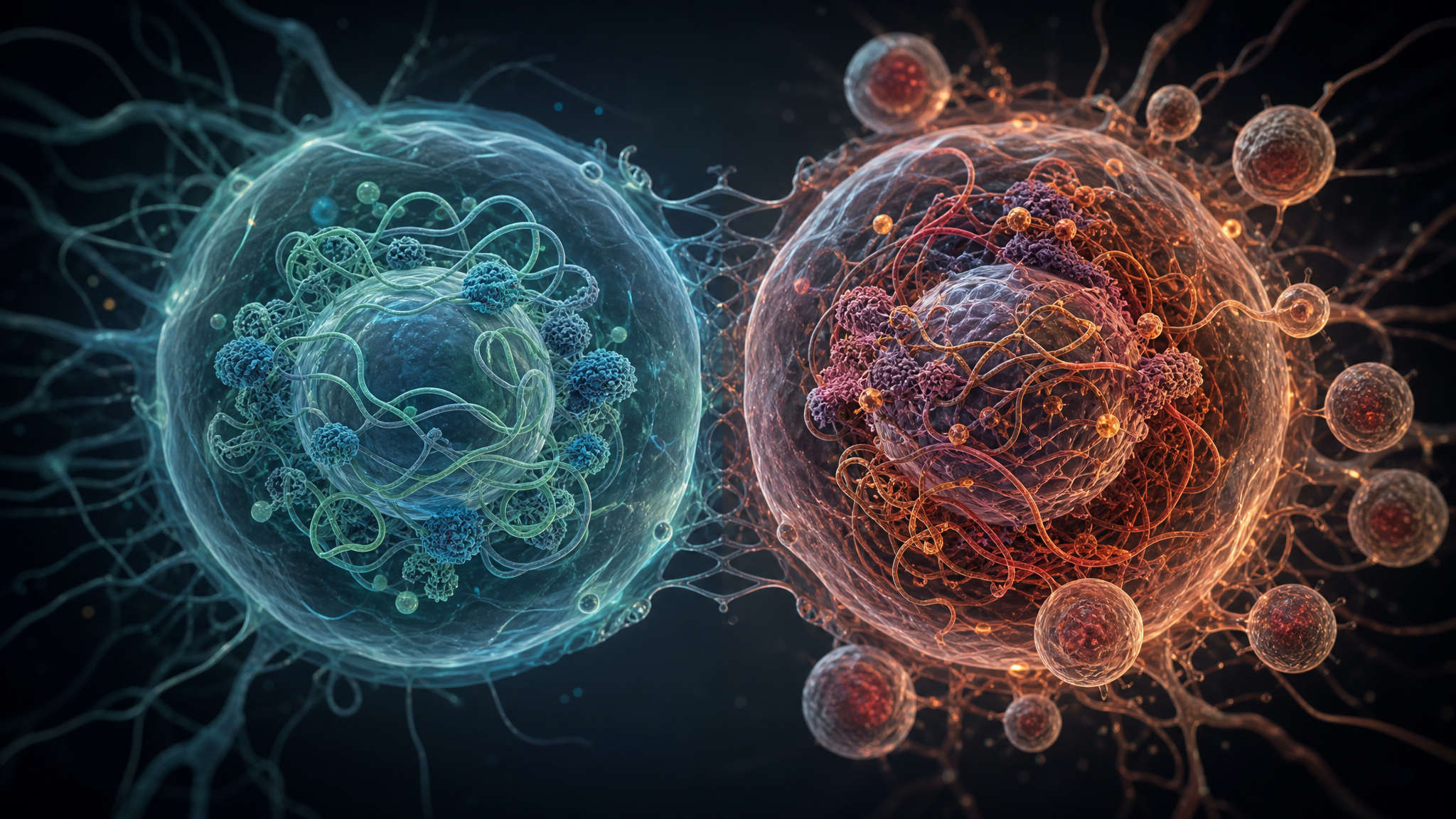 Split biotech illustration showing a controlled cell-regeneration pathway beside a more chaotic reprogramming pathway, symbolizing OSK versus OSKM tradeoffs.