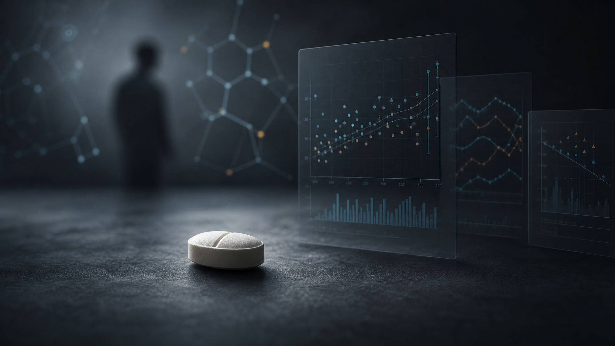 Rapamycin pill beside clinical trial data and abstract mTOR pathway graphics.