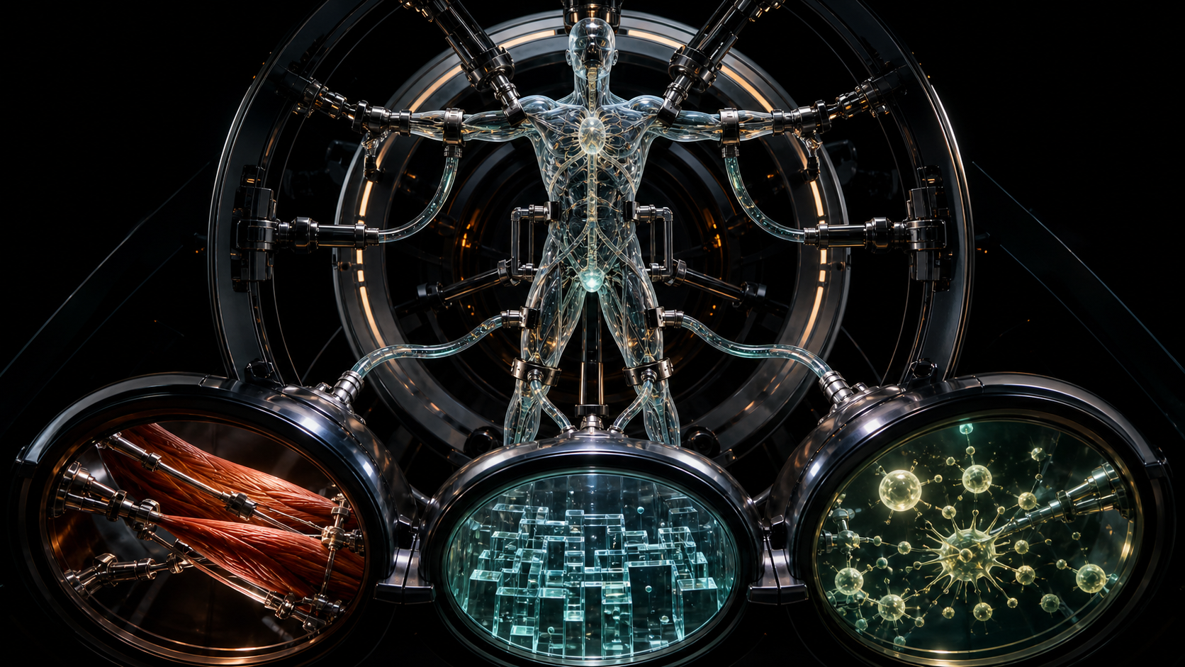 A translucent artificial human form is measured across muscle, cognition and immune-function test chambers.