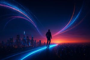 A lone figure steps onto a glowing light-bridge above a futuristic city at dusk, neon data streams arcing across the sky