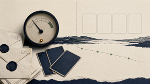 An analog probability gauge, sealed envelopes, and blank event cards showing AI forecasting as calibrated uncertainty.