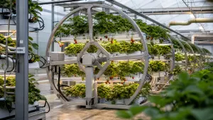 A controlled strawberry growing system with rotating plant racks, sensor modules, irrigation lines, and greenhouse energy equipment.