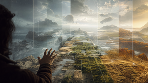 Editorial image of a simulated world assembling around a viewer with layered terrain, navigation paths, and prompt-driven scene changes, symbolizing AI-generated interactive environments.