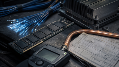 AI compute infrastructure shown through memory hardware, fiber cables, cooling equipment, and engineering plans on a dark workbench.