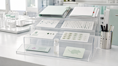 A clinical evidence ladder made from lab glass, biomarker cards, and a trial folder, showing longevity science moving from mechanism to human proof.