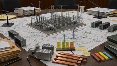 Grid planning documents, data-center blocks and ratepayer bills lie across a regulatory hearing table.
