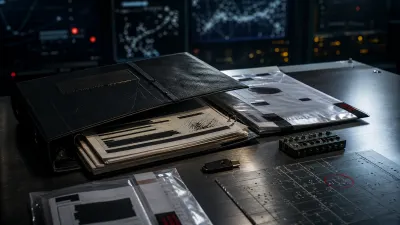 Open evidence binder, redacted evaluation reports, security key, and benchmark module on a dark AI governance review table.