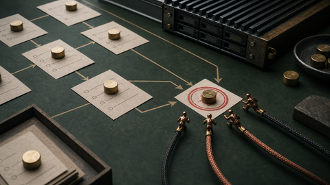 Physical task cards, approval weights, cables, and server hardware converge on one review checkpoint, showing AI agent orchestration.