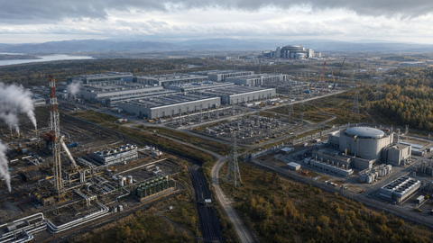 Large AI data center campus connected to power infrastructure, transmission lines and industrial energy systems, showing the physical energy stack behind compute.