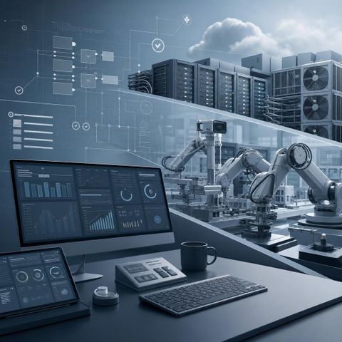 Editorial image of AI interfaces, robotics, compute infrastructure, and governance signals converging into one integrated system.