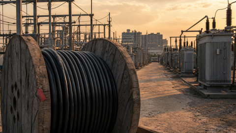 An electrical transformer yard and cable spool near a data center, showing the physical grid bottleneck behind AI infrastructure