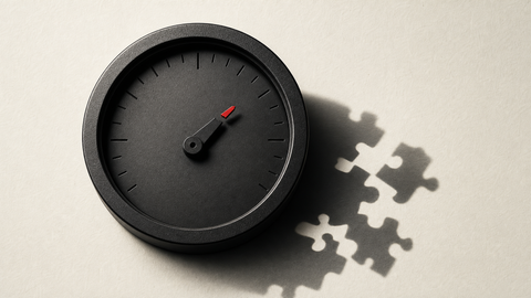 A broken measuring dial casting puzzle-shaped shadows, symbolizing the limits of reducing AI capability to one intelligence score