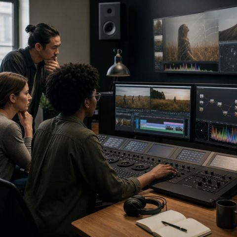Editorial image of a film post-production workflow where human creatives work with generative video tools, symbolizing AI video’s impact on production and trust.