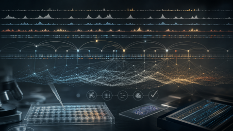 Editorial image of layered genomic maps and DNA regulatory signals in a research workflow, symbolizing AI interpretation of non-coding DNA and the need for biological validation.