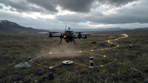 Autonomous flying robot surveying a marked landscape with illuminated guidance lines, suggesting insect-inspired navigation in difficult terrain.