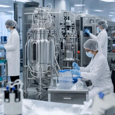 Editorial image of a biotech laboratory where programmable biology meets clinical and manufacturing constraints, symbolizing the real frontier of biotechnology.