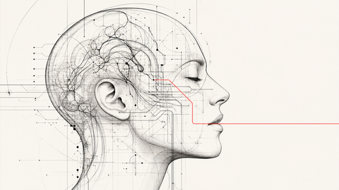 A human profile intersected by a transparent neural speech interface, symbolizing brain-computer interfaces as a new layer between intention and expression