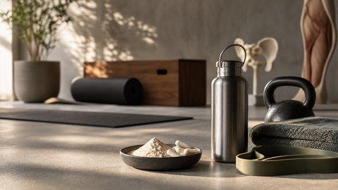 Editorial supplement scene featuring Ca-AKG in a calm fitness-and-health setting, symbolizing long-term healthspan support.