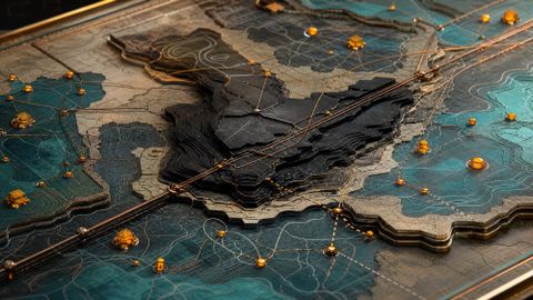 Abstract metallic infrastructure map with amber network nodes and copper routes connecting layered terrain-like data center regions.