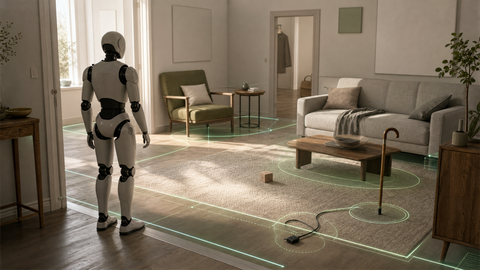 A non-branded humanoid robot paused at the edge of a living room with subtle safety boundary lines around domestic furniture.