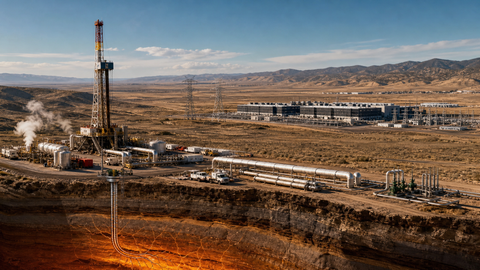 Editorial image of geothermal power infrastructure linked to a large data center through transmission lines and subsurface heat layers, symbolizing clean firm power for AI.