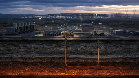 Geothermal wells near an AI data center at dusk with subtle underground heat lines, symbolizing enhanced geothermal power for compute infrastructure.